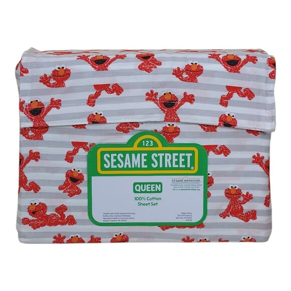 Sesame Street Queen 4-Piece 100% Cotton Sheet Set Elmo with Gray Stripes - Picture 7 of 7
